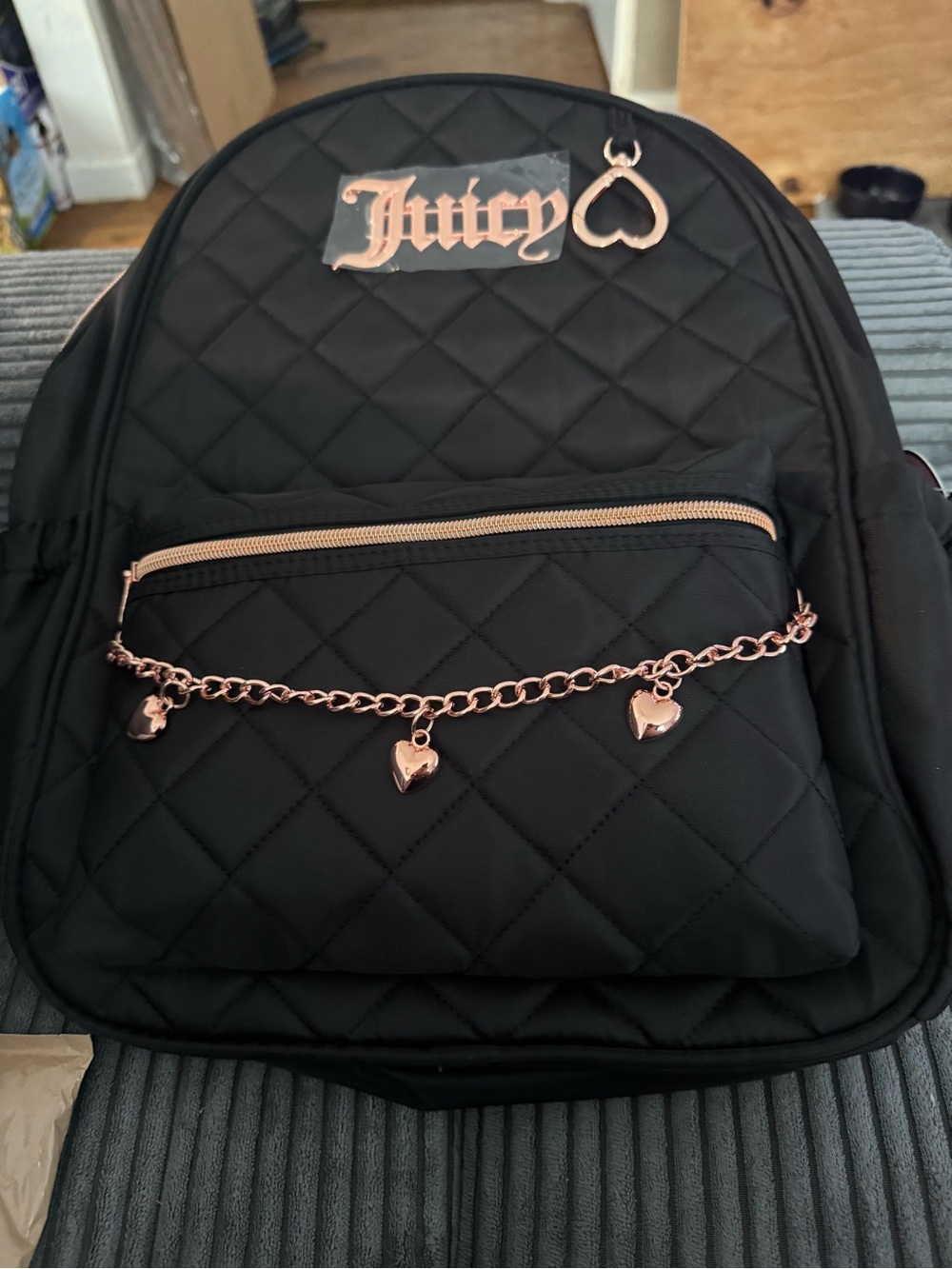 Juicy Couture Black Quilted Kids Backpack with Rose Gold Charm
